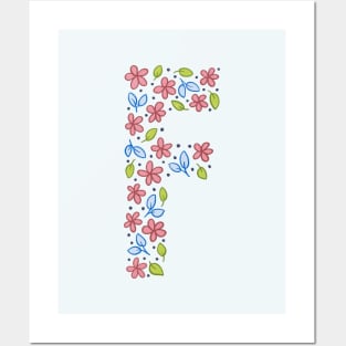 Floral Monogram Letter F - pink and blue Posters and Art